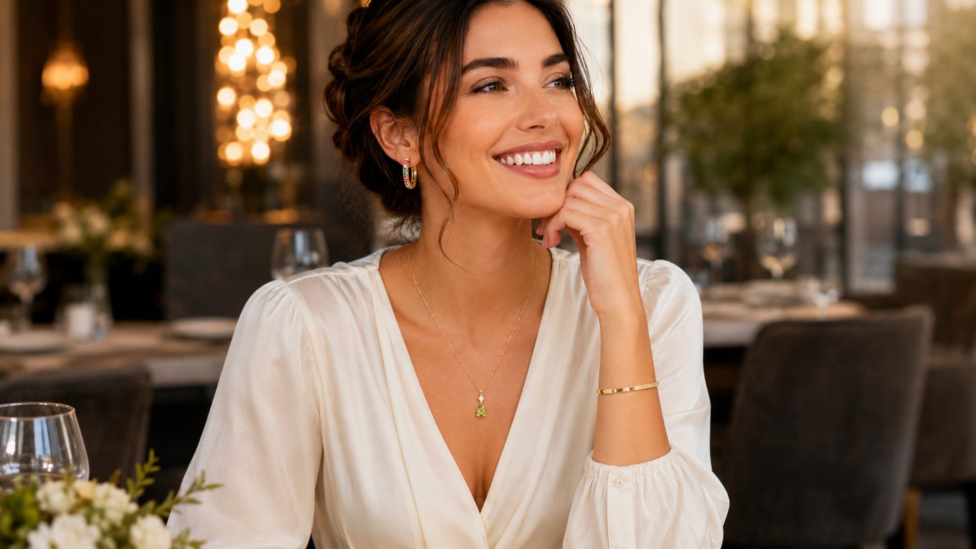 Lächelnde Frau mit goldenen Ohrringen, Kette und Armband bei einem Dinner